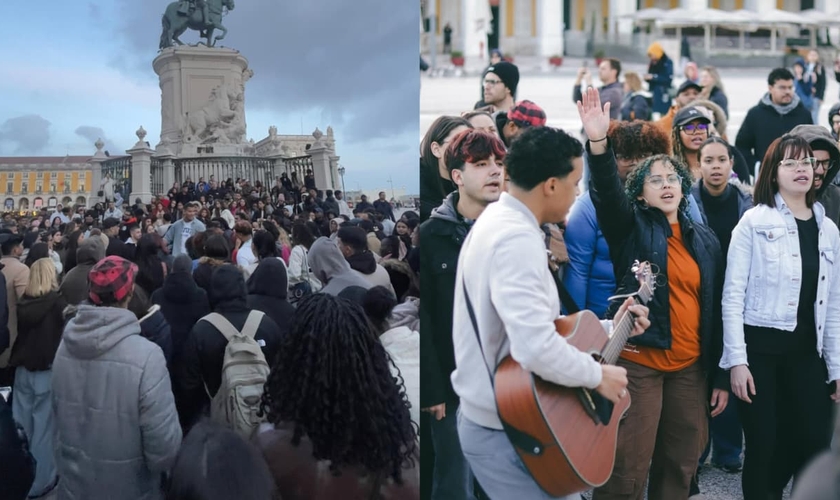 Um grupo de cristãos tem se reunido na Praça do Comércio, em Lisboa. (Foto: Reprodução/Instagram/Felipe Belo/Reprodução/Instagram/Aviva Lisbon Movement).