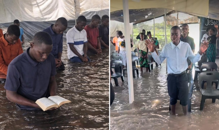 Os cristãos adorando na igreja inundada pelas chuvas. (Foto: Reprodução/Instagram/Gabriel José)