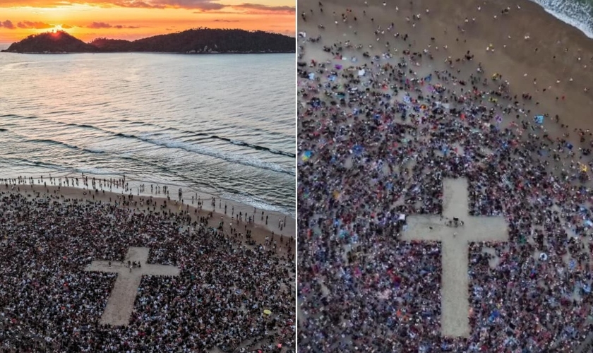 A multidão cultuou a Deus na Praia do Campeche. (Foto: Reprodução/Instagram/Surf House Comunidade Cristã).
