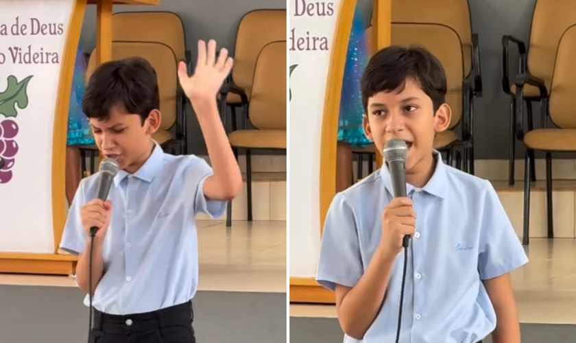 Davy, de 11 anos, emociona ao louvar na igreja com entrega e espontaneidade. (Captura de tela/Instagram/Kelley Freire)