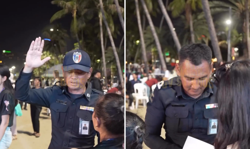 Policiais em serviço na Tailândia levantam as mãos após ouvirem o Evangelho. (Captura de tela/X/GVStudios_TV)