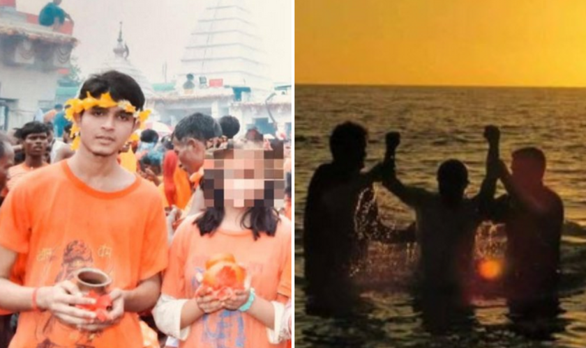 Jovem quando ainda era hindu e durante o batismo nas águas ao se tornar cristão. (Captura de tela/X/ex_Brahmin)