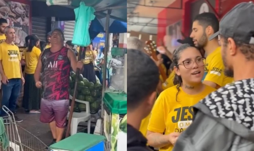 Os cristãos continuaram pregando na feira alagada. (Foto: Reprodução/Instagram /Marcelo Moreno Gomes).