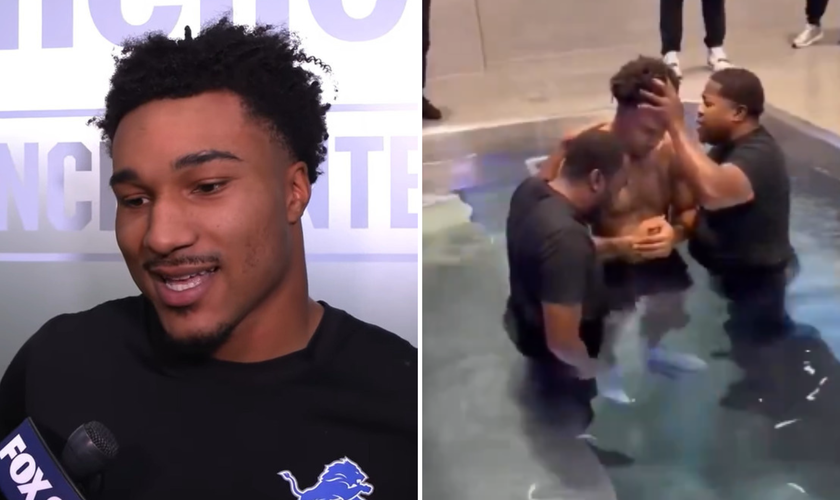 Brian Branch em entrevista e durante batismo. (Captura de tela/Youtube/ Jeff Skversky/X/NFL_DovKleiman)