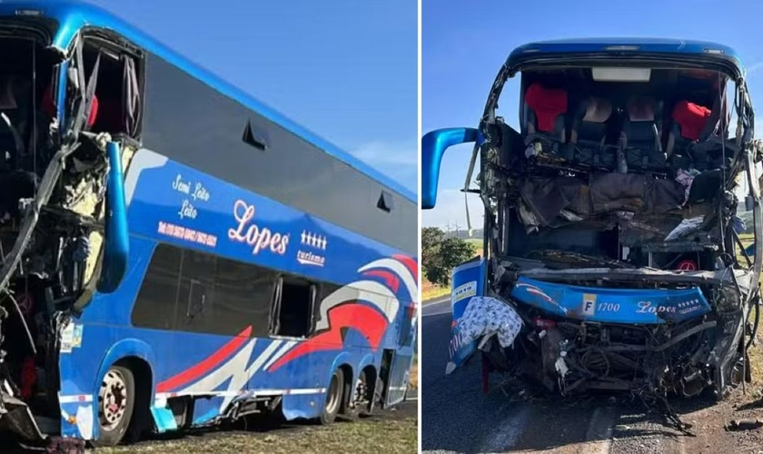 O ônibus após o acidente. (Foto: Reprodução/TV Integração/g1)