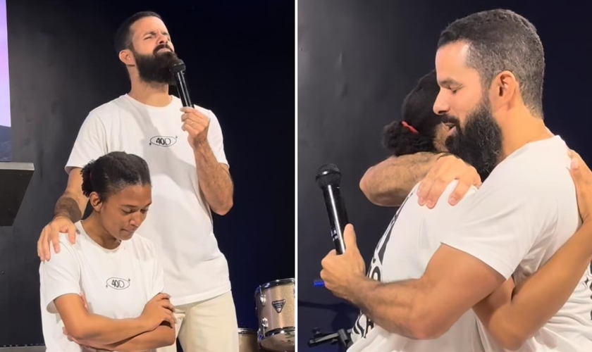Mariana e o pastor no culto. (Foto: Reprodução/Instagram/Igreja Casa da Benção)