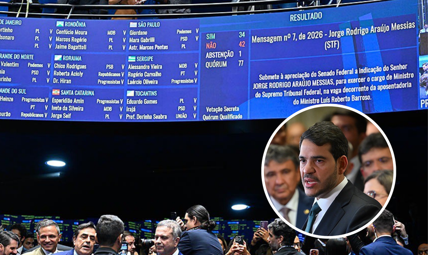 Votação teve apenas 34 dos 41 votos necessários para a aprovação; no destaque, Jorge Messias em entrevista coletiva. (Foto: Waldemir Barreto/Ton Molina/Agência Senado)