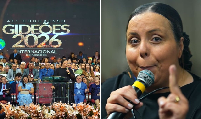 A pastora Helena Raquel no congresso Gideões 2026. (Foto: Reprodução/YouTube/Gideões Missionários da Última Hora)