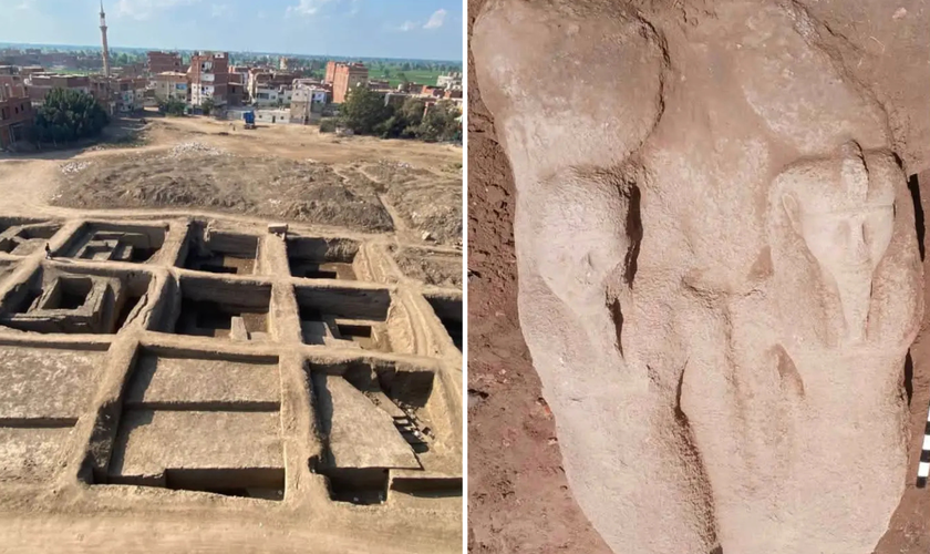 Sítio arqueológico e estátua maciça atribuída a Ramsés II. (Foto: Ministério do Turismo e Antiguidades)