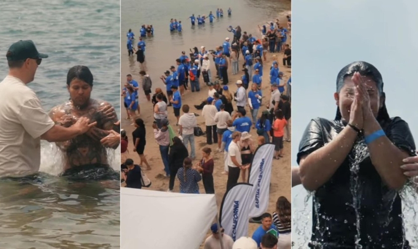 Pessoas se reúnem para serem batizadas na Pirate’s Cove. (Captura de tela / Baptize California)