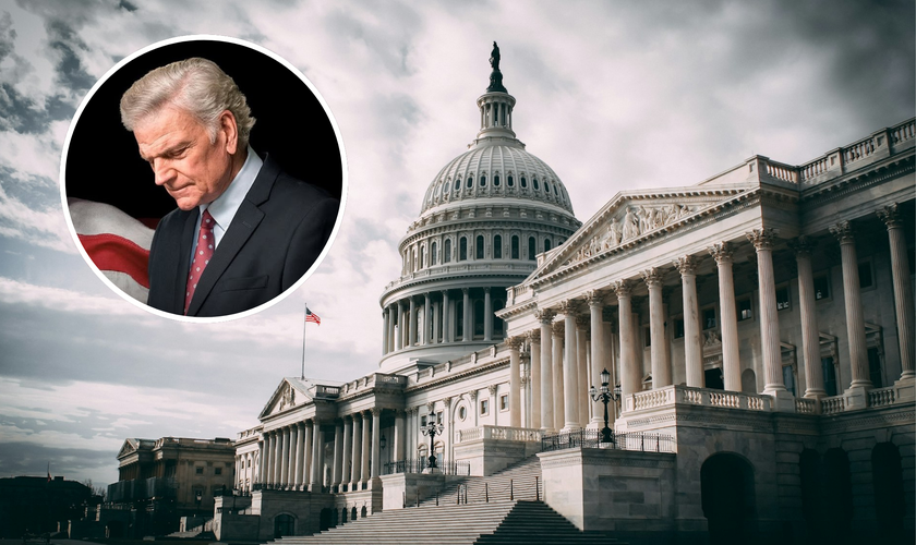 Capitólio, em Washington; no destaque, o evangelista Franklin Graham. (Foto: Unsplash/Harold Mendoza; Instagram)