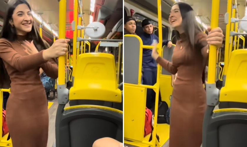 Isabella evangelizando no ônibus. (Foto: Reprodução/Instagram/Isabella Moura)
