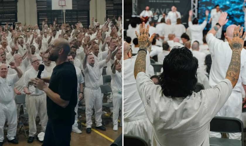 Os detentos louvando na prisão. (Foto: Reprodução/Instagram/Mike Barber Ministries)
