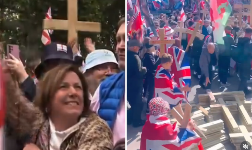 Participantes erguem cruzes durante a marcha “Unir o Reino”, em Londres. (Captura de tela/Instagram/destra.forthenations/Rikki Doolan)