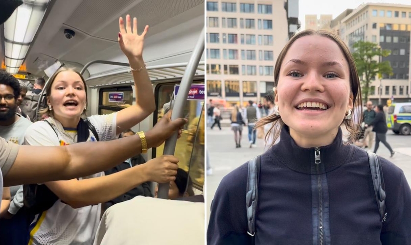 A jovem durante as ações evangelísticas em Frankfurt. (Foto: Reprodução/Instagram/Go Revival Europe)