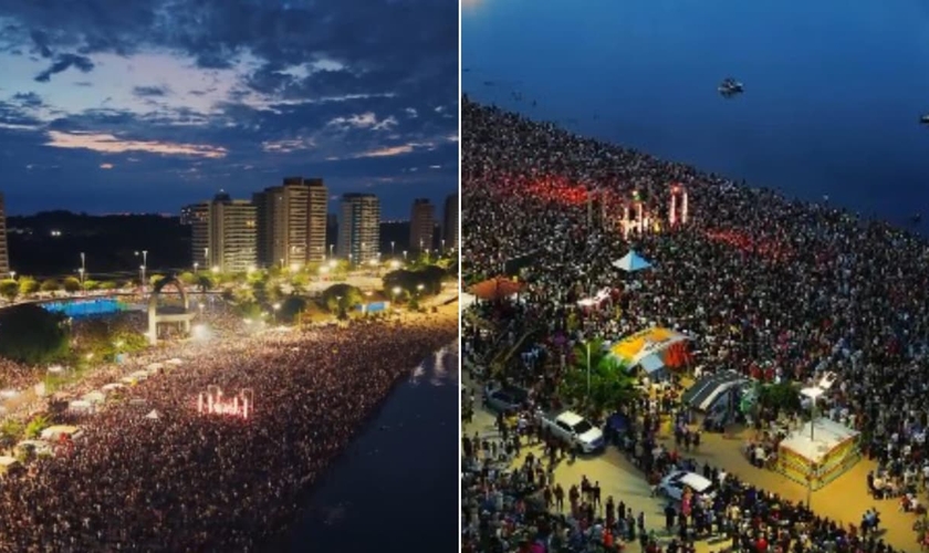 A multidão louvou e orou na Praia da Ponta Negra. (Foto: Reprodução/Instagram/joelsonsilvaam/Reprodução/Instagram/amanhecer.manaus).