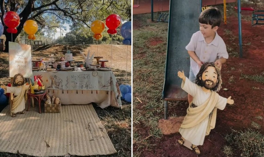 Caio brincando com o personagem de Jesus. (Foto: Reprodução/Instagram/Camila Serato)