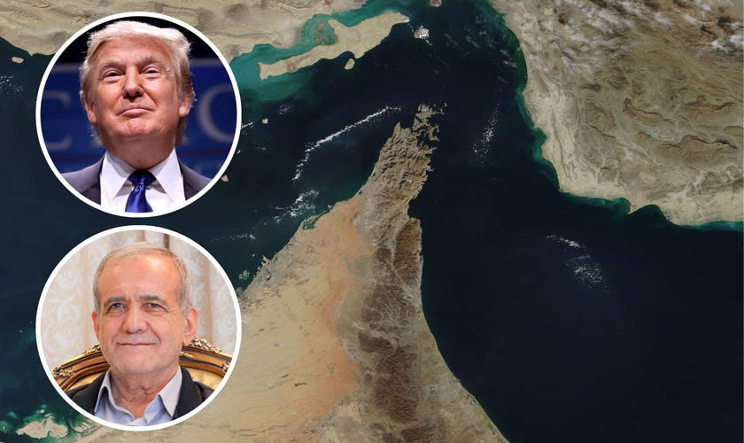 Estreito de Ormuz visto por satélite; em destaque, Masoud Pezeshkian e Donald Trump. (Foto: NASA/Wikimedia Commons)