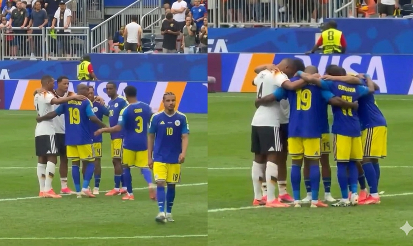 Jogadores da Alemanha e Curaçao se uniram em oração no campo. (Foto: Reprodução/X/Cleverly).