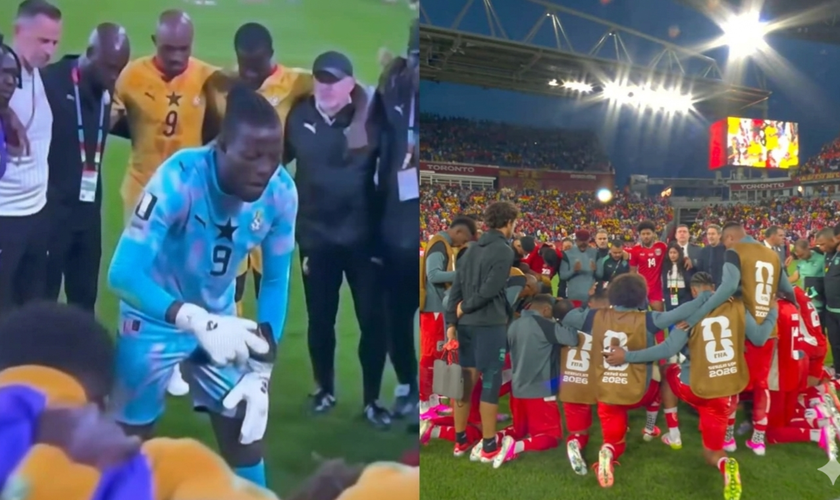 As Seleções do Panamá e de Gana oraram após o jogo. (Foto: Reprodução/Instagram/Ballersingod/Reprodução/YouTube/CazéTV).