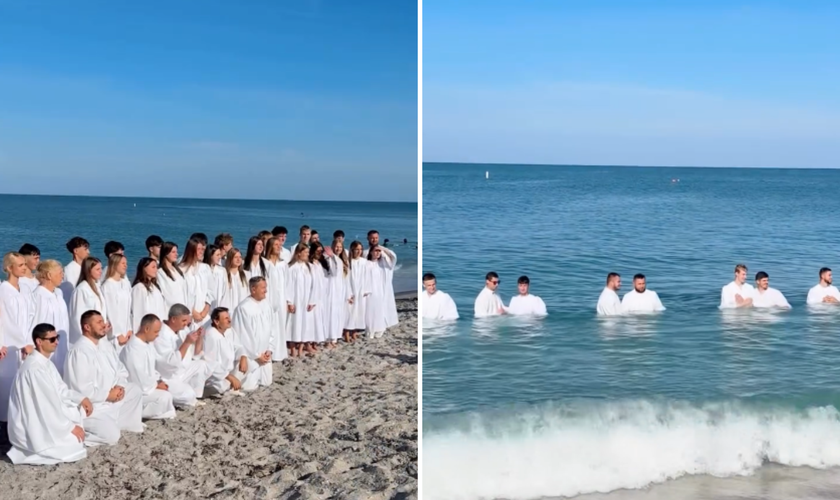 Fiéis participam de batismo nas águas realizado pela Potters House em uma praia da Flórida. (Captura de tela/Instagram/pottershousefl)