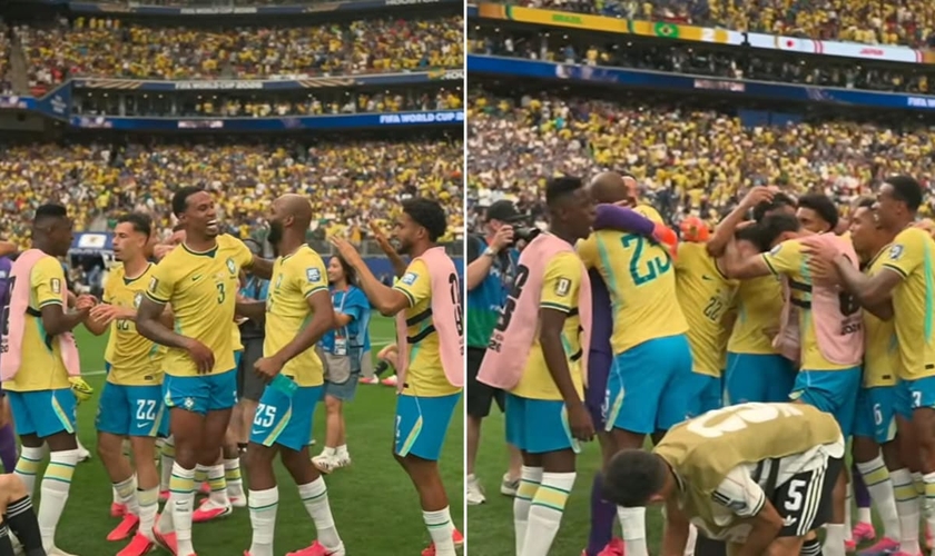Os jogadores comemoraram agradecendo ao Senhor. (Foto: Reprodução/YouTube/CazéTV).