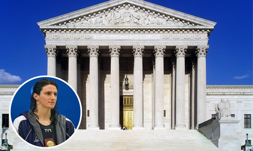 Fachada da Suprema Corte dos EUA, em Washington, D.C.; Lia Thomas, nadador trans. (Foto: Wikipedia; Captura de tela/YouTube/Fox News)
