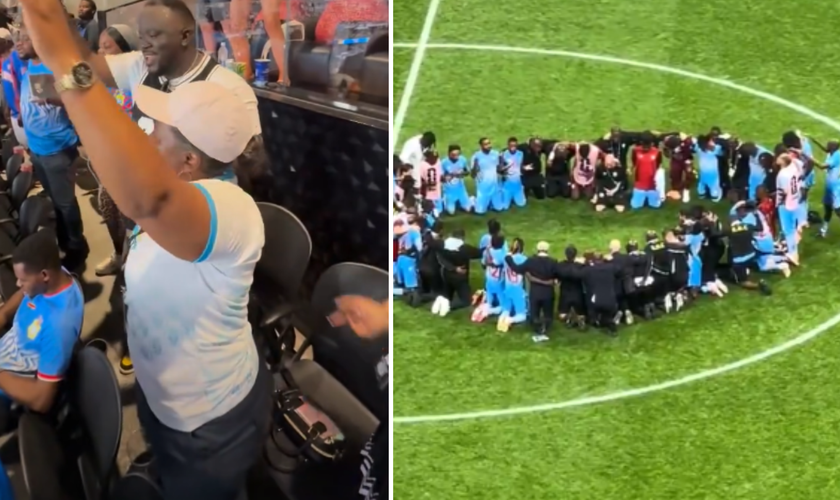 Torcedores da RD Congo louvam a Deus nas arquibancadas, enquanto jogadores e comissão técnica se ajoelham em oração após a partida. (Captura de tela/Instagram/JuniorMuhubao; X/BallersinGod)