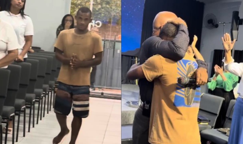 Daniel, de pés descalços, se rendeu a Jesus no altar. (Foto: Reprodução/Instagram/clovisbernardo_oficial).