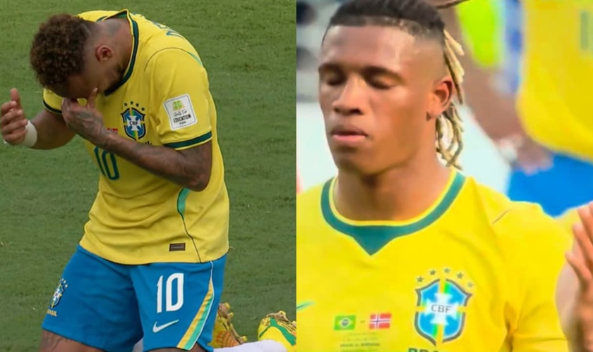 Neymar e Danilo Santos oraram em campo. (Foto: Reprodução/YouTube/Cazé TV/Reprodução/Instagram/_christhlete).