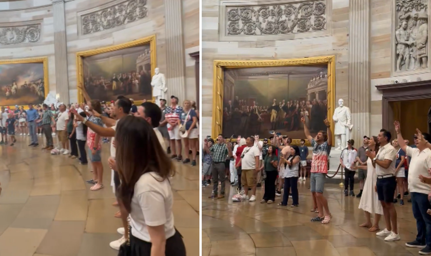 Cristãos participam de um culto de louvor na rotunda do Capitólio, durante as celebrações dos 250 anos dos EUA. (Captura de tela/X/Sean Feucht)