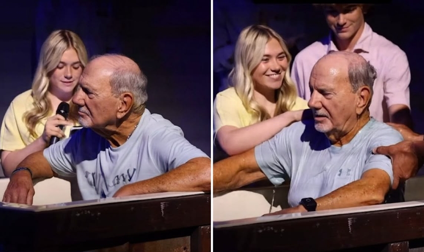 Kaleigh batizando o avô na igreja. (Foto: Reprodução/Instagram/Graystone Church)