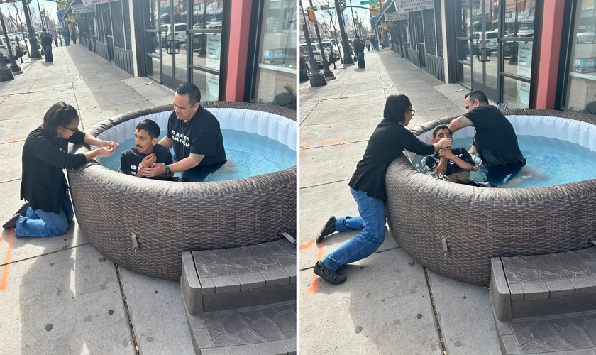 José é batizado em uma piscina montada na calçada após entregar sua vida a Jesus. (Foto: Facebook/Pastor David Brown)