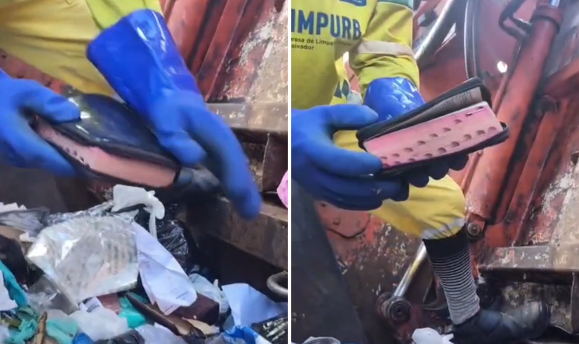 Gari mostra a Bíblia encontrada entre os resíduos. (Captura de tela/Instagram/ogaridagravata18ofc)