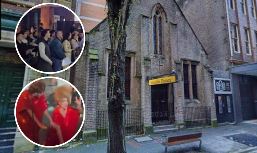 A antiga igreja que abriga o Divine Playhouse, em Sydney. Nos destaques, cristãos realizam vigília de oração do lado de fora e imagens de apresentações promovidas pelo local. (Google Maps/Instagram)