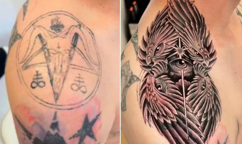 Dalton transformou o símbolo satânico em um desenho de um anjo. (Foto: Reprodução/Instagram/redemption__tattoos).