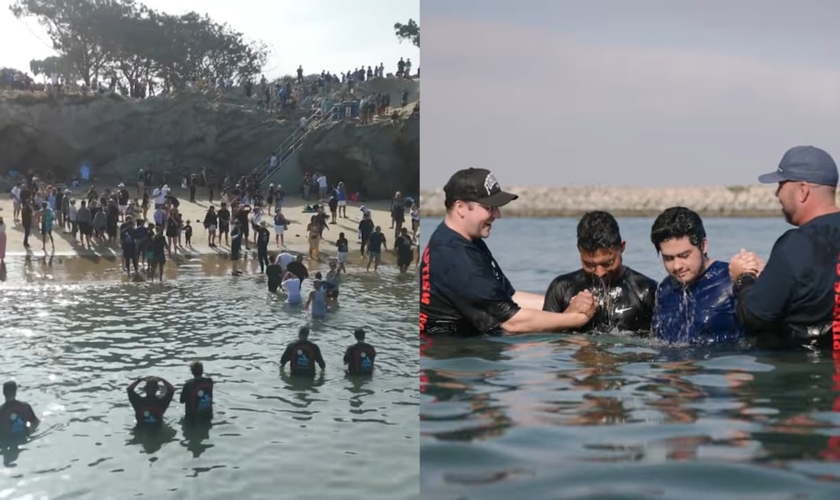 O batismo foi realizado pela Harvest Church na praia Pirate’s Cove. (Foto: Reprodução/YouTube/harvest.church).