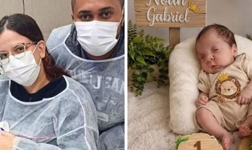 Noah Gabriel e seus pais, que testemunham um milagre após o bebê voltar a apresentar sinais vitais. (Foto: Arquivo pessoal)