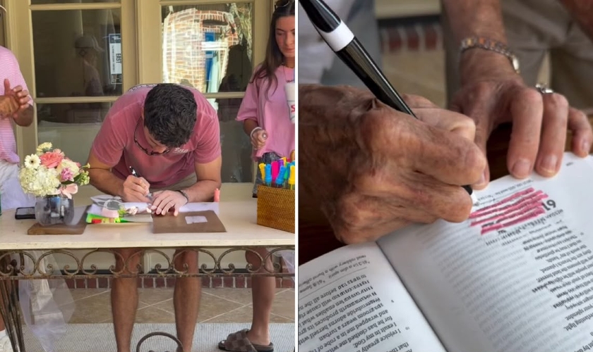 A família destacando versículos durante o chá. (Foto: Reprodução/Instagram/Amy White)