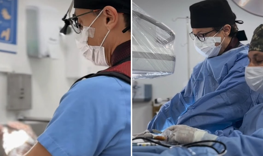 O médico orando com sua equipe. (Foto: Reprodução/Instagram/Felipe de Moraes Pomar)