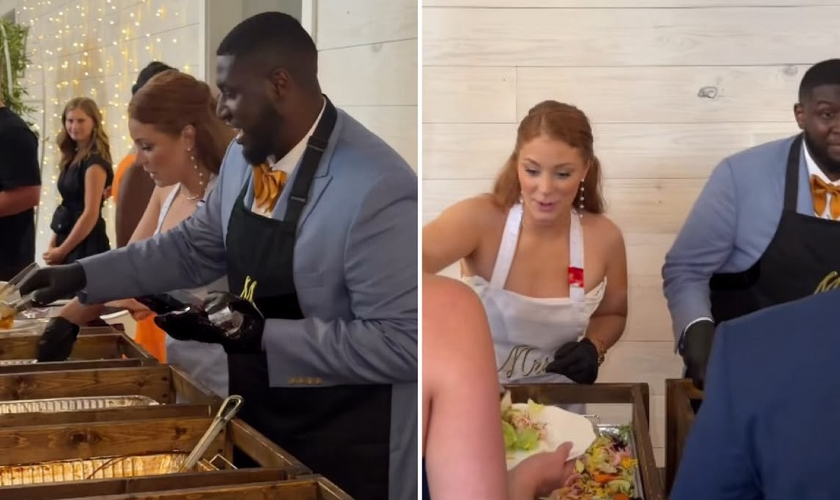Os noivos servindo o jantar. (Foto: Reprodução/Instagram/Abigail Stasior)