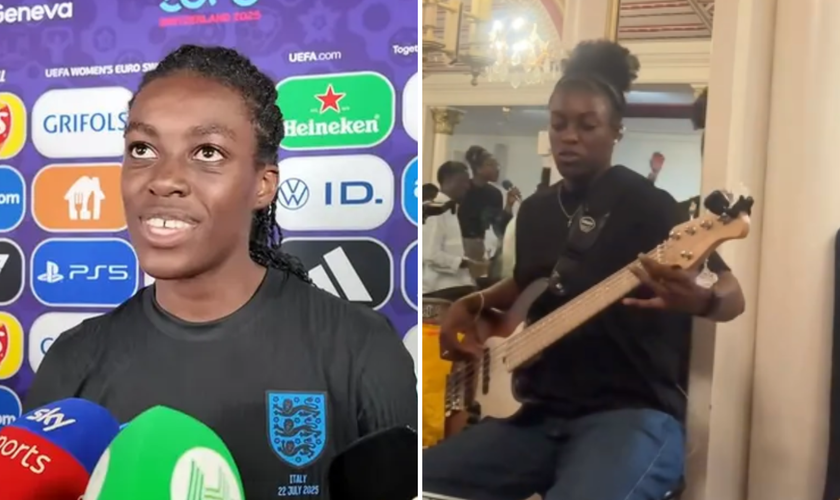Michelle Agyemang após vitória na EURO 2025 e tocando baixo no ministério de louvor. (Captura de tela/YouTube/HaytersTV; Instagram/joseph.mo23)
