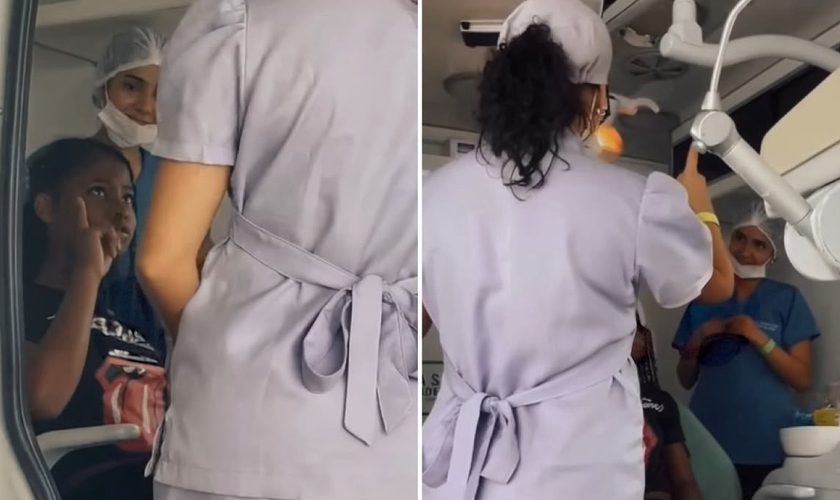 Morgana evangelizando a paciente surda. (Foto: Reprodução/Instagram/Morgana Pinheiro)