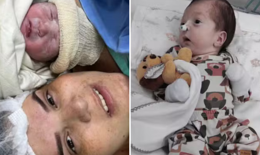 Letícia Cristina com seu filho Noah Gabriel no dia do nascimento e, à direita, o bebê durante a recuperação após deixar a UTI. (Fotos: Arquivo pessoal)