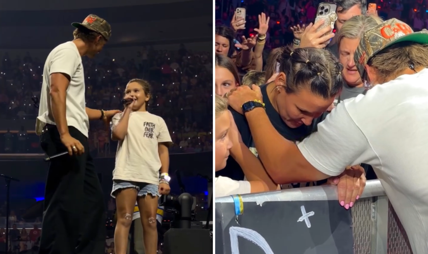 Forrest Frank ora por uma mulher com câncer de mama após o pedido da filha, Halley, durante show. (Captura de tela/Instagram/Forrest Frank)