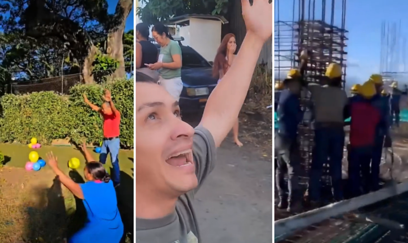 Momentos de oração durante o terremoto na Colômbia: pessoas de joelhos em uma escola infantil, homem pregando na rua e operários clamando no alto de uma construção. (Capturas de tela/diario360/graciasdiostv)