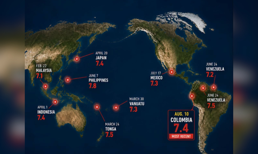 Mapa mostra os 10 grandes terremotos de magnitude 7 ou superior registrados em diferentes regiões do mundo em 2026. (Fonte: The World in Maps)