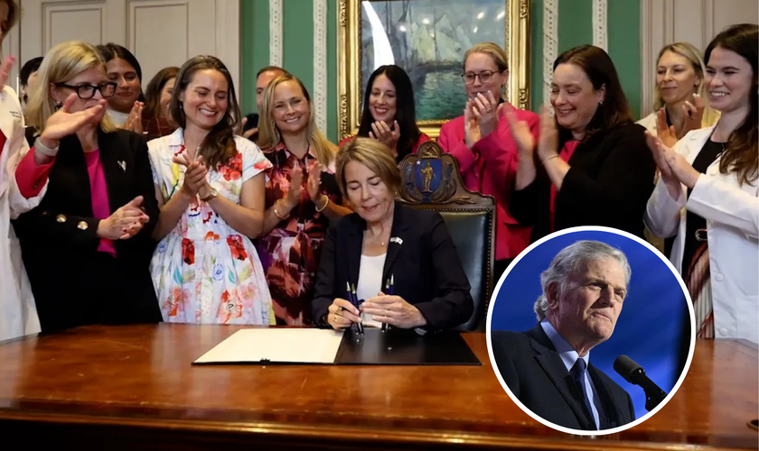 Governadora de Massachusetts, Maura Healey, durante a assinatura da lei do aborto; no destaque, o evangelista Franklin Graham. (Foto: @MassGovernor/X/Divulgação)