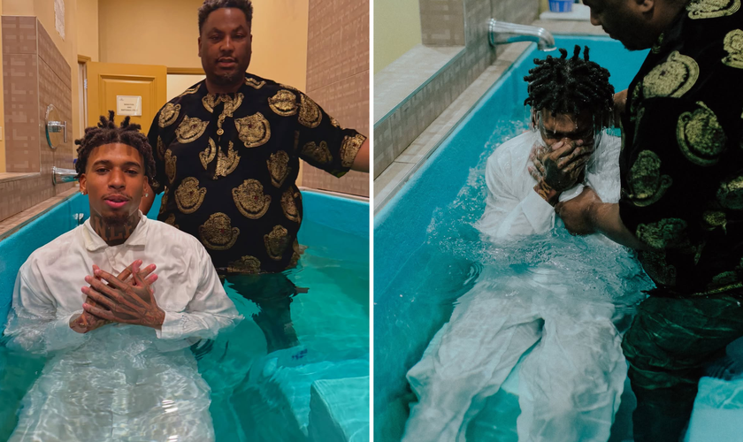 NLE Choppa durante seu batismo nas águas. (Fotos: Instagram/thegreatnle_)