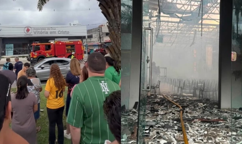 O templo da ADVEC Caxangá ficou totalmente destruído. (Foto: Reprodução/Instagram/rodadefogo_ordinarioof/Reprodução/Instagram/drika_barbosa).